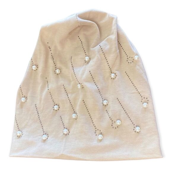 Beige Jersey Beanie Rhinestones and Pearls Accents - NWT - Picture 3 of 4